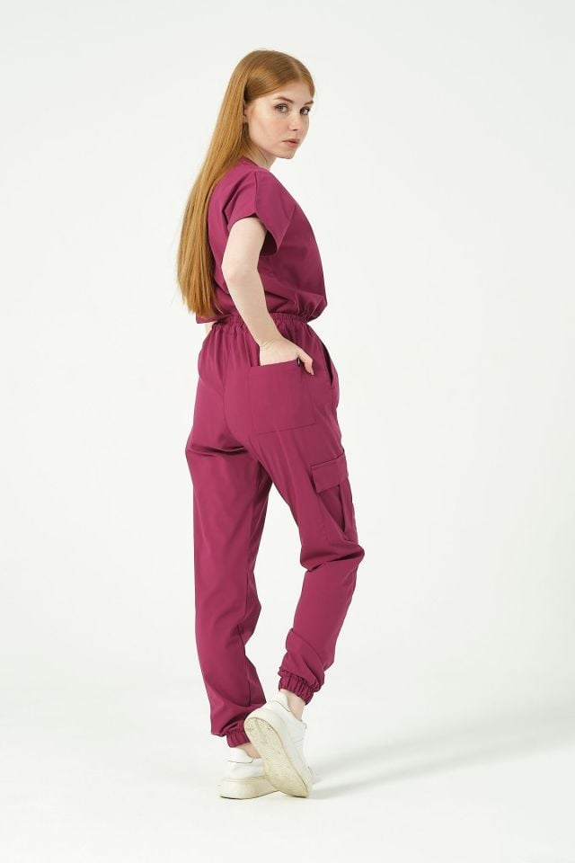 Vişne Likralı Scrubs Kargo Cep Jogger Paça Doktor Hemşire Forması Yarasa Kol Takım Unisex