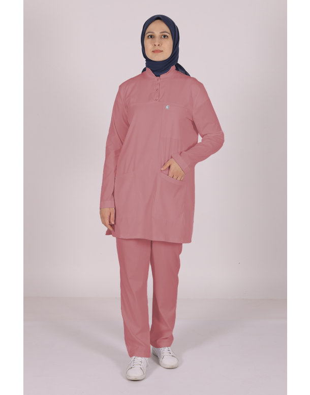 Gül Kurusu Likralı Tesettür Scrubs Doktor Hemşire Forması Tek Üst 2XS