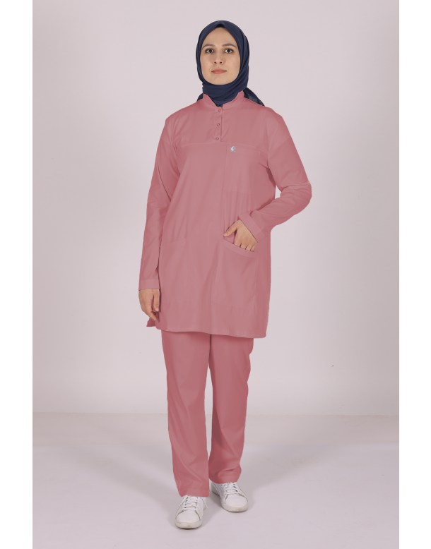 Gül Kurusu Likralı Tesettür Scrubs Doktor Hemşire Forması Tek Üst S