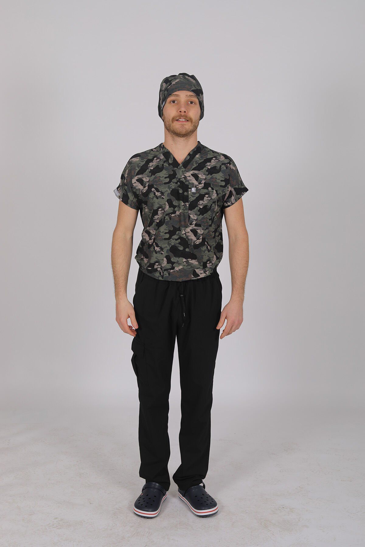 Kamuflaj Likralı Scrubs Doktor Hemşire Forması Yarasa Kol Takım XXL