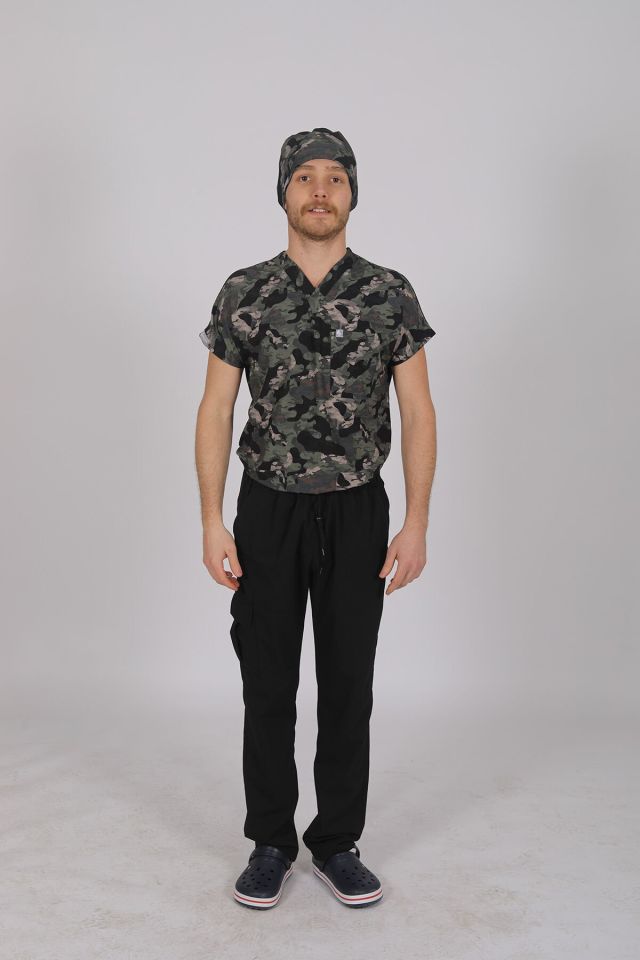 Kamuflaj Likralı Scrubs Doktor Hemşire Forması Yarasa Kol Takım XXL