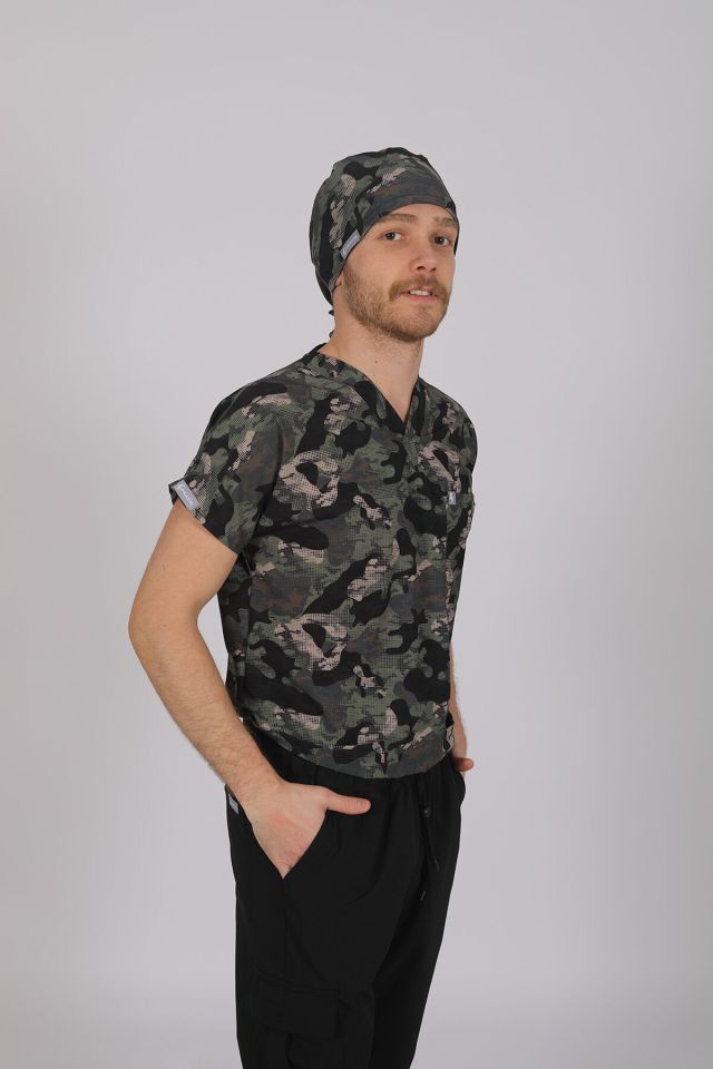 Kamuflaj Likralı Scrubs Doktor Hemşire Forması Yarasa Kol Takım XXL