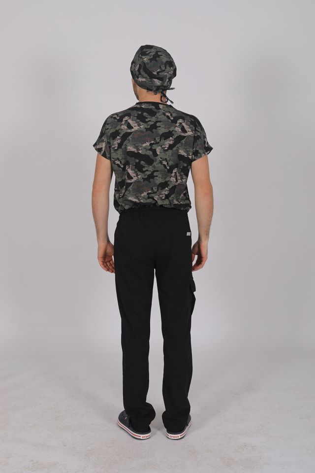 Kamuflaj Likralı Scrubs Doktor Hemşire Forması Yarasa Kol Takım XXL