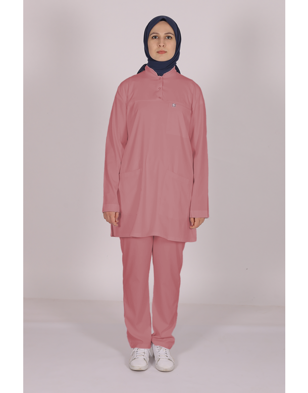 Gül Kurusu Likralı Tesettür Scrubs Doktor Hemşire Forması Tek Üst XL