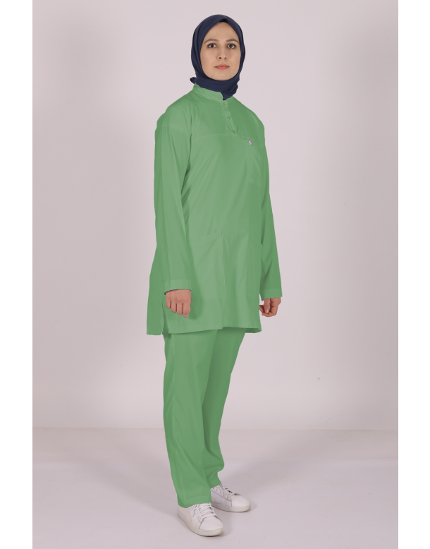 Çağla Yeşili Likralı Tesettür Scrubs Doktor Hemşire Forması Tek Üst S