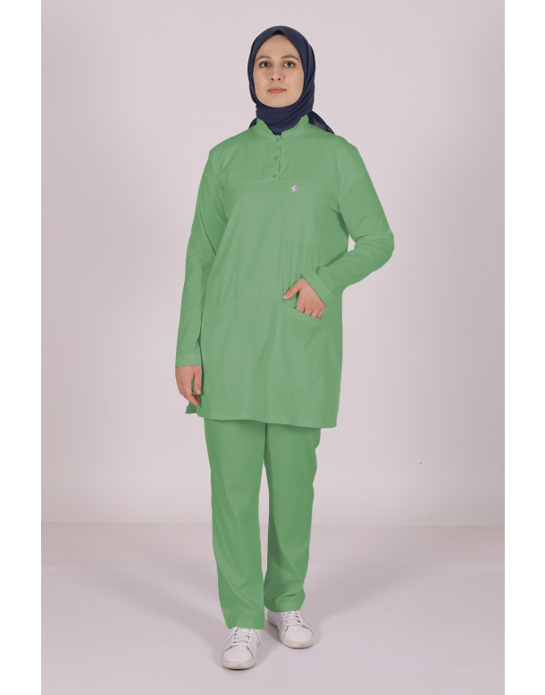 Çağla Yeşili Likralı Tesettür Scrubs Doktor Hemşire Forması Tek Üst S