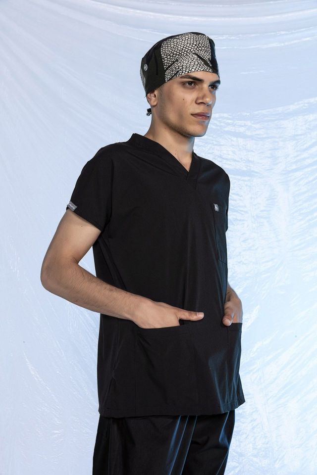 Siyah Likralı Scrubs Doktor Hemşire Forması Yarasa Kol Takım XXL