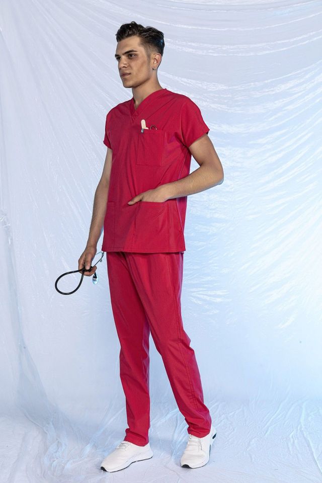 Nar Çiçeği Likralı Scrubs Doktor Hemşire Forması Yarasa Kol Takım XS