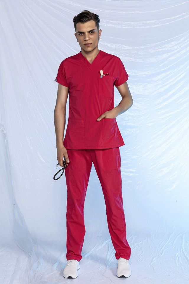 Nar Çiçeği Likralı Scrubs Doktor Hemşire Forması Yarasa Kol Takım L