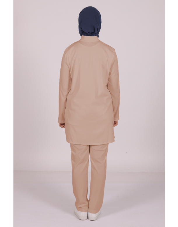 Bej Likralı Tesettür Scrubs Doktor Hemşire Forması Tek Üst 2XS