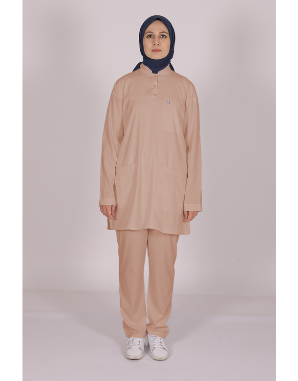 Bej Likralı Tesettür Scrubs Doktor Hemşire Forması Tek Üst XS