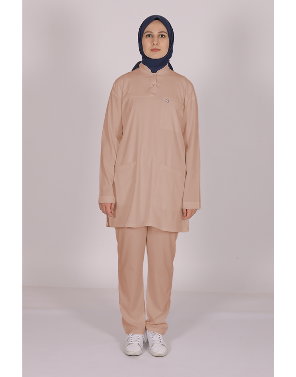 Bej Likralı Tesettür Scrubs Doktor Hemşire Forması Tek Üst S