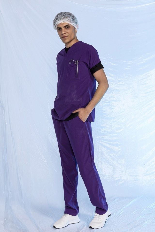 Mor Likralı Scrubs Doktor Hemşire Forması Yarasa Kol Takım XXS