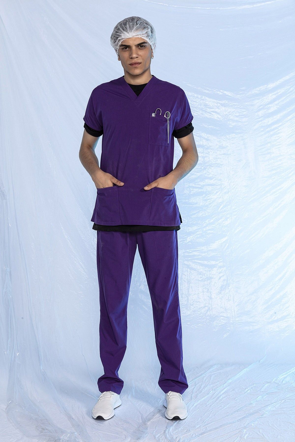 Mor Likralı Scrubs Doktor Hemşire Forması Yarasa Kol Takım XS