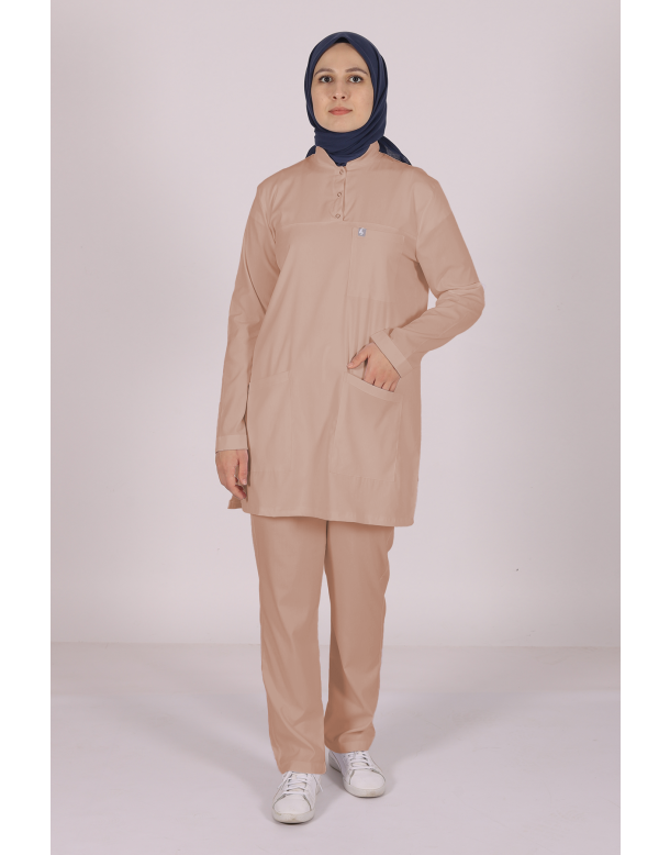 Bej Likralı Tesettür Scrubs Doktor Hemşire Forması Tek Üst L