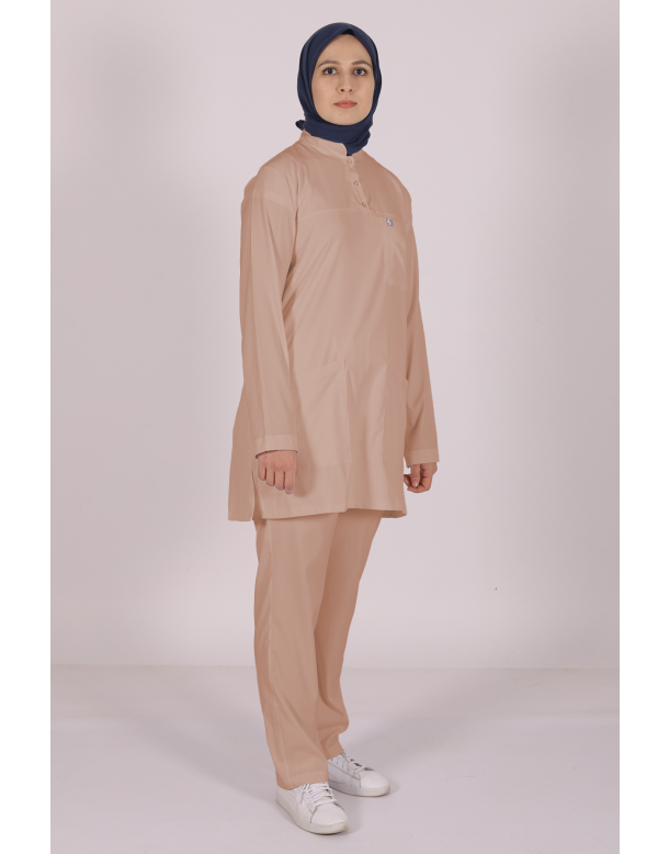 Bej Likralı Tesettür Scrubs Doktor Hemşire Forması Tek Üst L