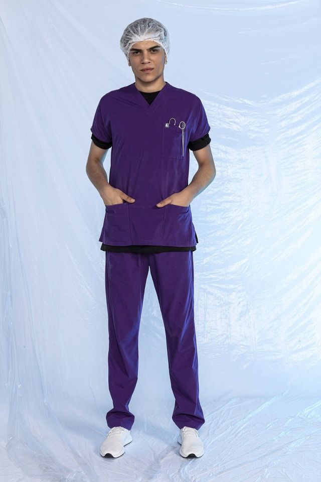 Mor Likralı Scrubs Doktor Hemşire Forması Yarasa Kol Takım S