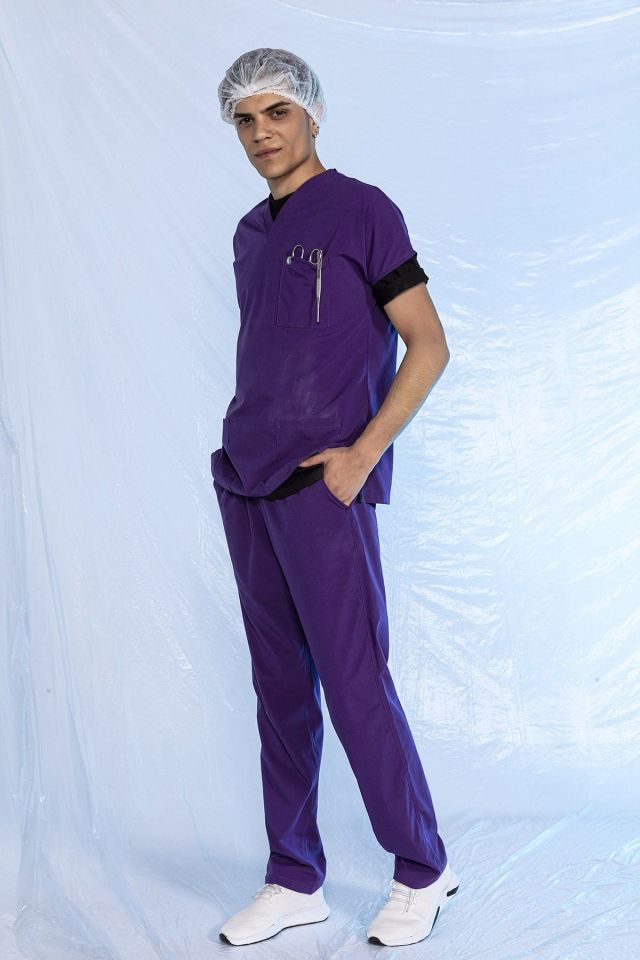 Mor Likralı Scrubs Doktor Hemşire Forması Yarasa Kol Takım XXL