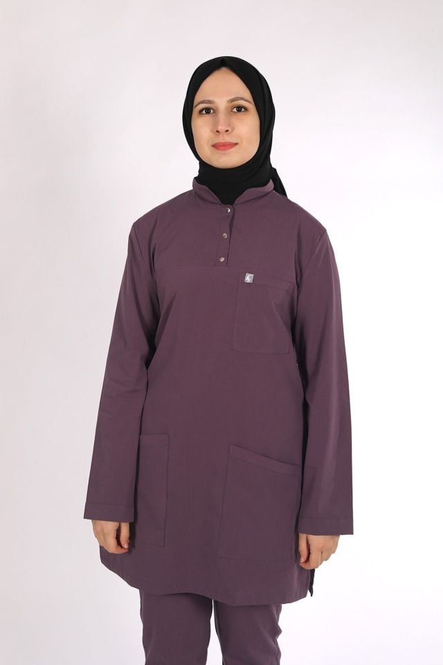 Mürdüm Likralı Tesettür Scrubs Doktor Hemşire Forması Tek Üst M