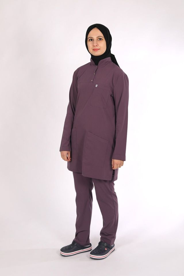 Mürdüm Likralı Tesettür Scrubs Doktor Hemşire Forması Tek Üst M