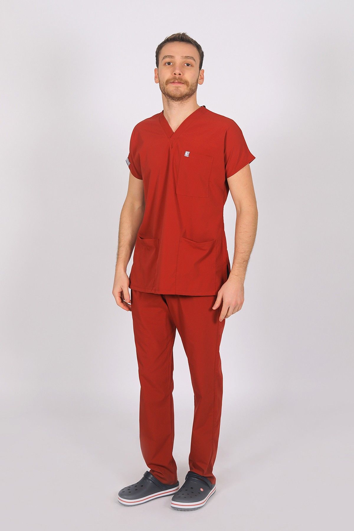 Kiremit Likralı Scrubs Doktor Hemşire Forması Yarasa Kol Takım XXL