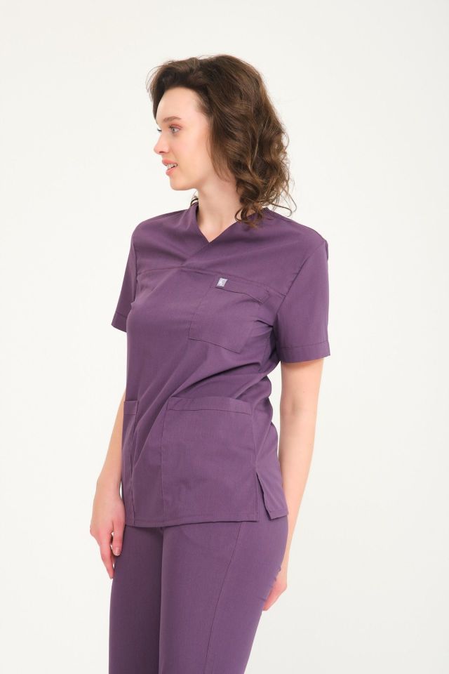 Mürdüm Likralı Zarf Yaka Scrubs Doktor Hemşire Forması Tek Üst S