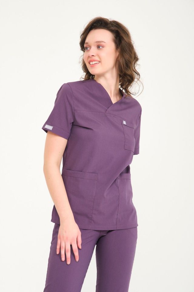 Mürdüm Likralı Zarf Yaka Scrubs Doktor Hemşire Forması Tek Üst L