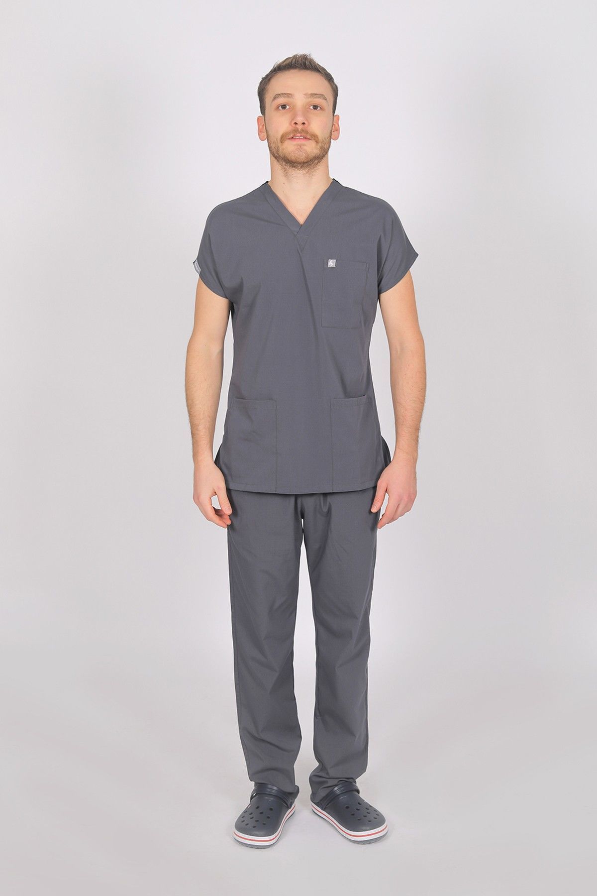 Füme Likralı Scrubs Doktor Hemşire Forması Yarasa Kol Takım XXS