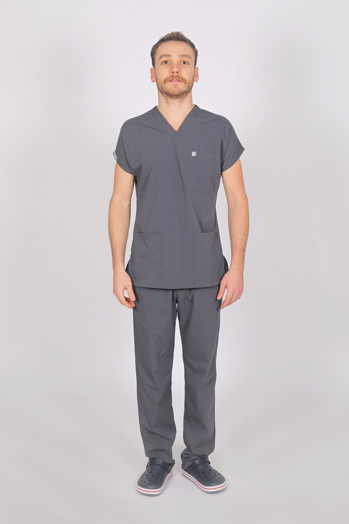 Füme Likralı Scrubs Doktor Hemşire Forması Yarasa Kol Takım S