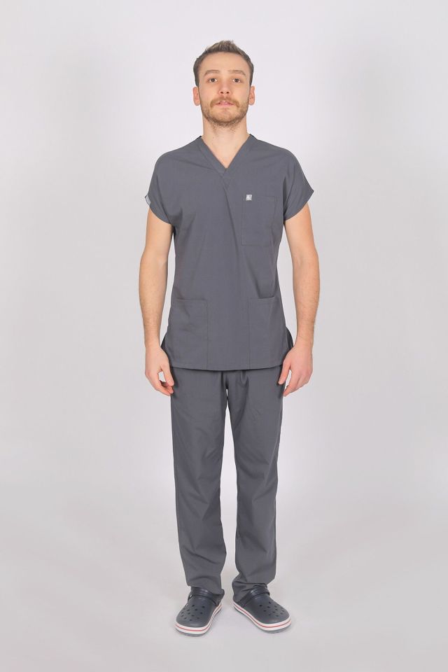 Füme Likralı Scrubs Doktor Hemşire Forması Yarasa Kol Takım L