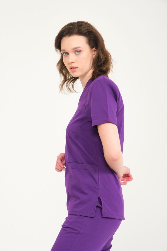 Mor Likralı Zarf Yaka Scrubs Doktor Hemşire Forması Tek Üst L
