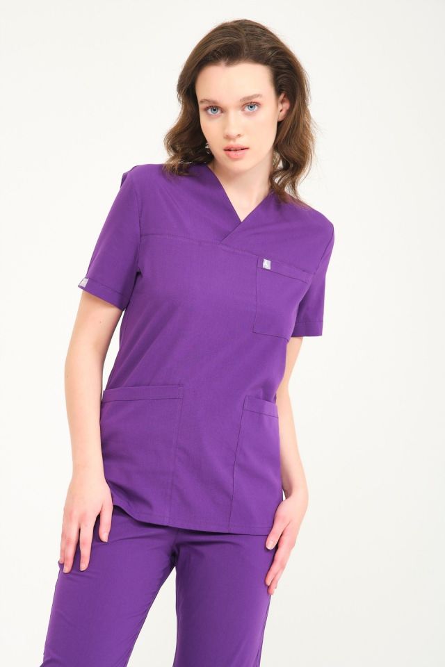 Mor Likralı Zarf Yaka Scrubs Doktor Hemşire Forması Tek Üst XL