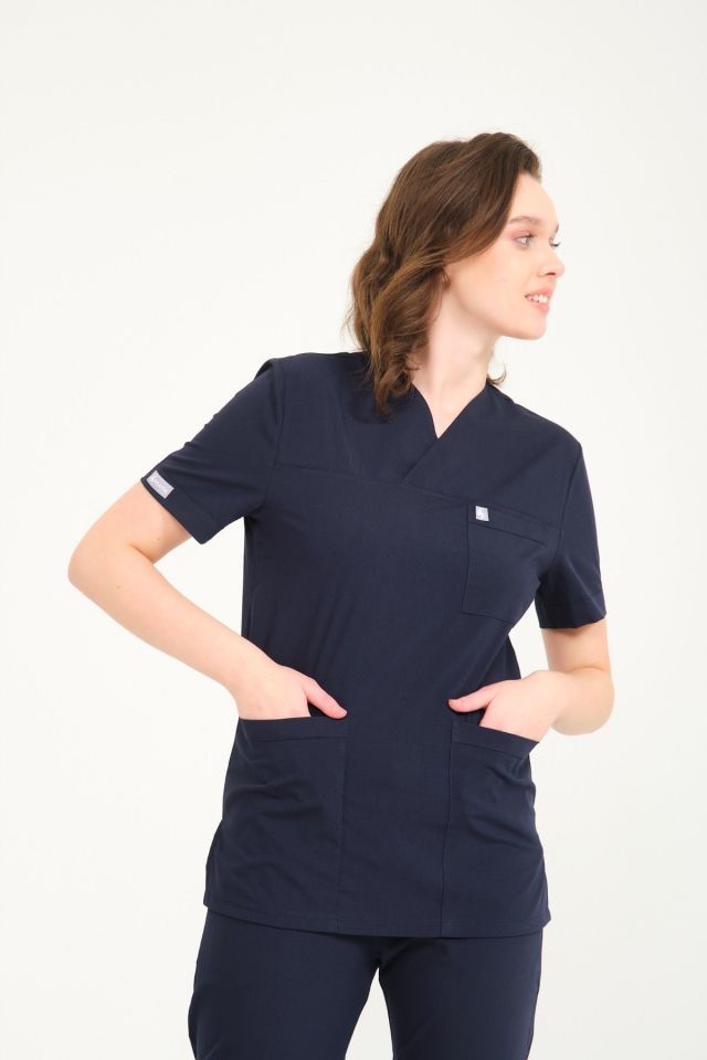 Lacivert Likralı Zarf Yaka Scrubs Doktor Hemşire Forması Tek Üst M