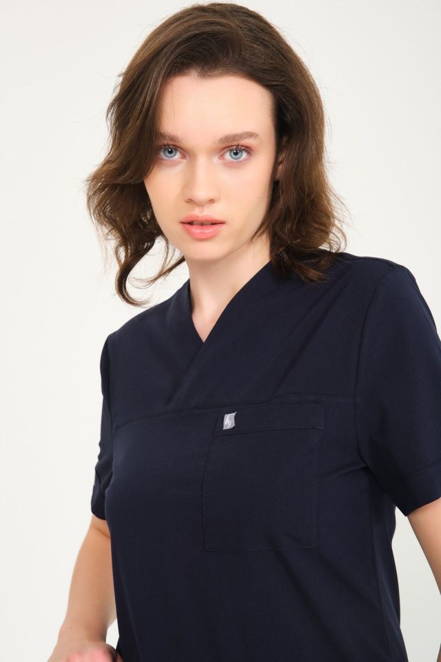 Lacivert Likralı Zarf Yaka Scrubs Doktor Hemşire Forması Tek Üst 2XL