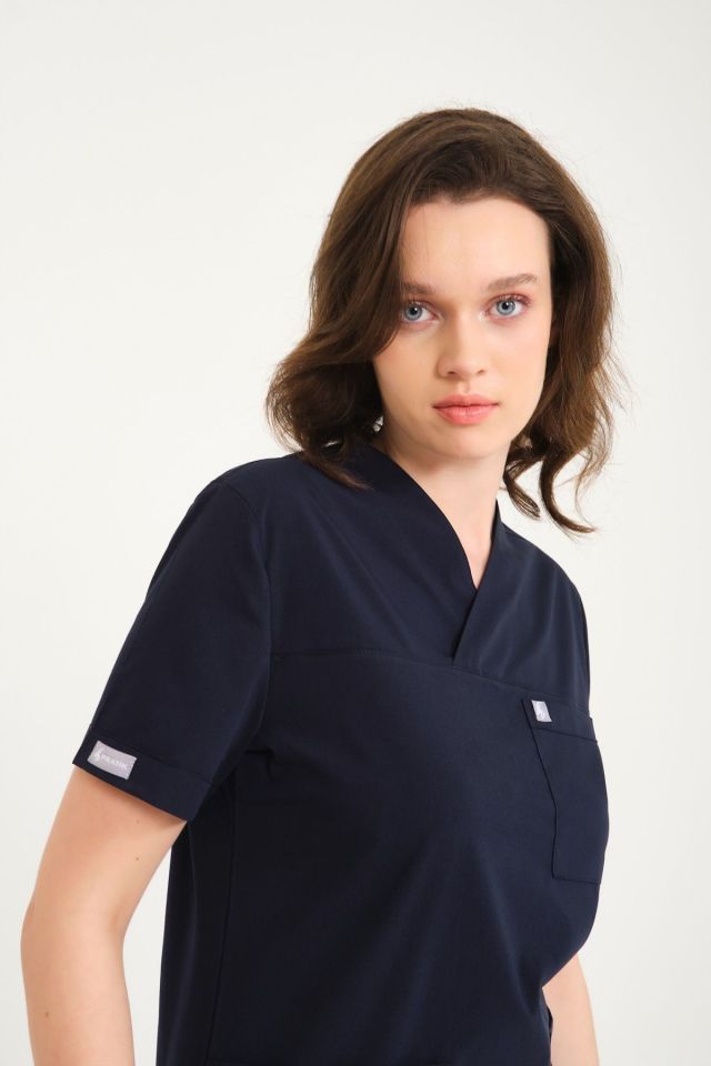 Lacivert Likralı Zarf Yaka Scrubs Doktor Hemşire Forması Tek Üst 2XL
