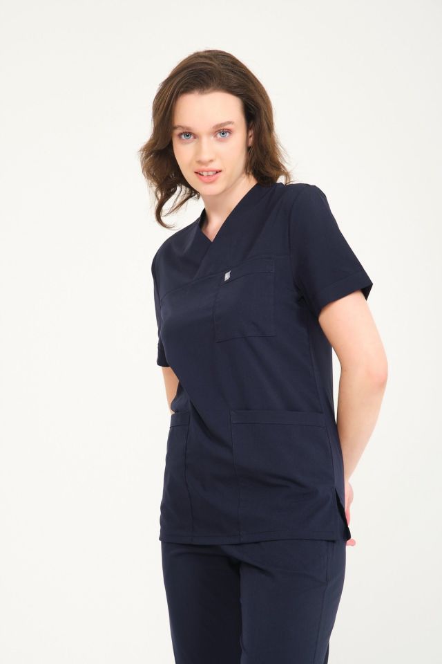 Lacivert Likralı Zarf Yaka Scrubs Doktor Hemşire Forması Tek Üst 2XL