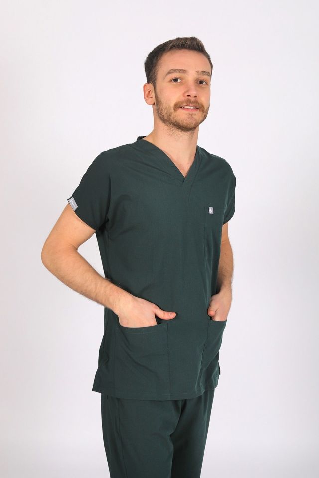 Ördek Yeşili Likralı Scrubs Doktor Hemşire Forması Yarasa Kol Takım S