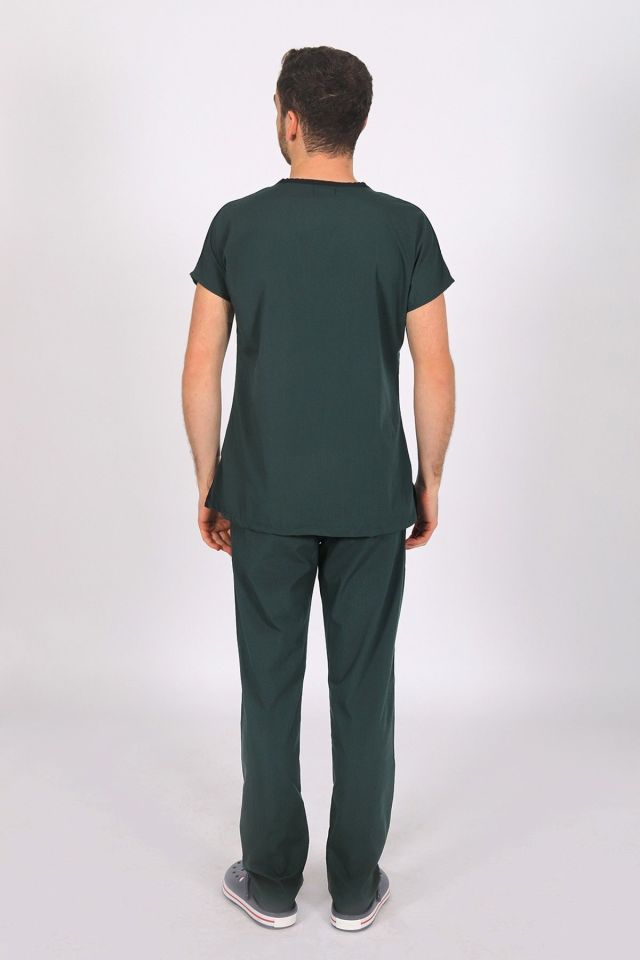 Ördek Yeşili Likralı Scrubs Doktor Hemşire Forması Yarasa Kol Takım S