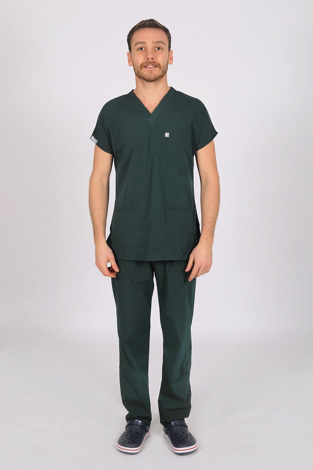 Ördek Yeşili Likralı Scrubs Doktor Hemşire Forması Yarasa Kol Takım L