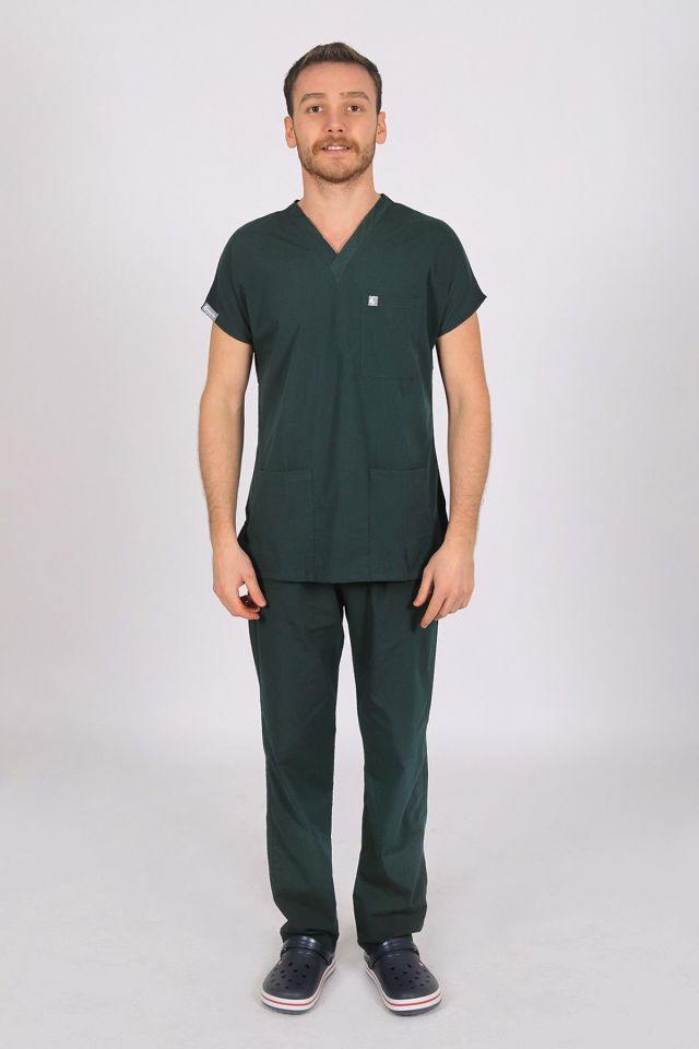 Ördek Yeşili Likralı Scrubs Doktor Hemşire Forması Yarasa Kol Takım L
