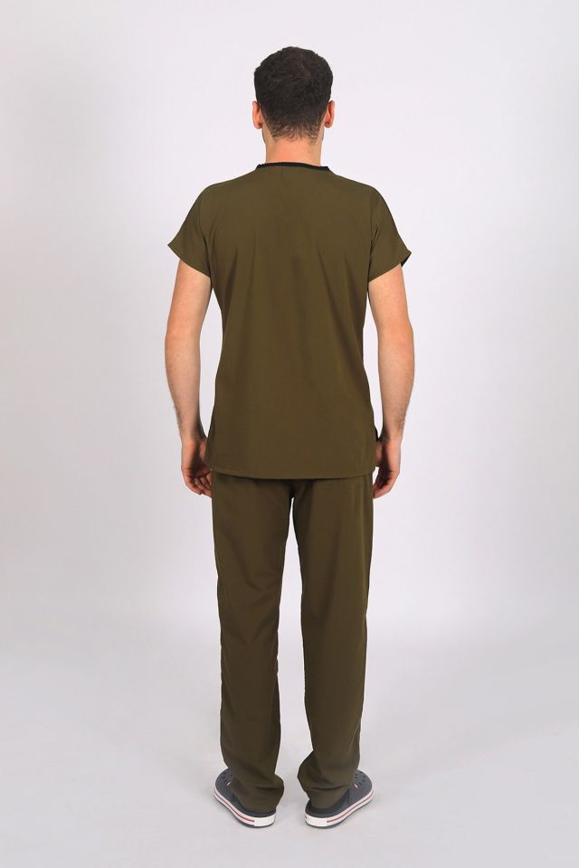 Haki Likralı Scrubs Doktor Hemşire Forması Yarasa Kol Takım XXS