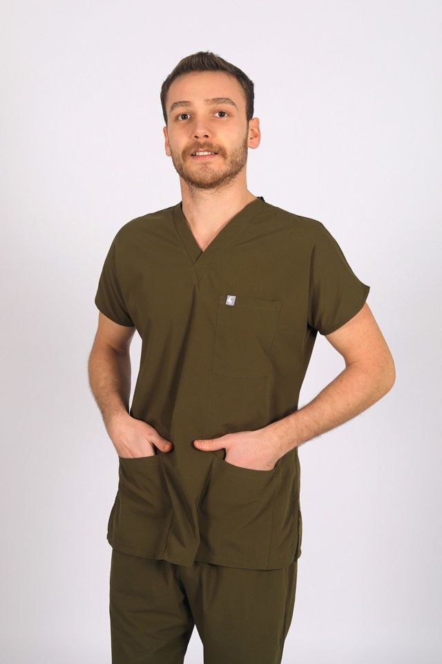 Haki Likralı Scrubs Doktor Hemşire Forması Yarasa Kol Takım S