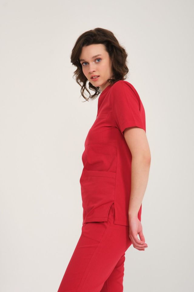 Kırmızı Likralı Zarf Yaka Scrubs Doktor Hemşire Forması Tek Üst 2XS