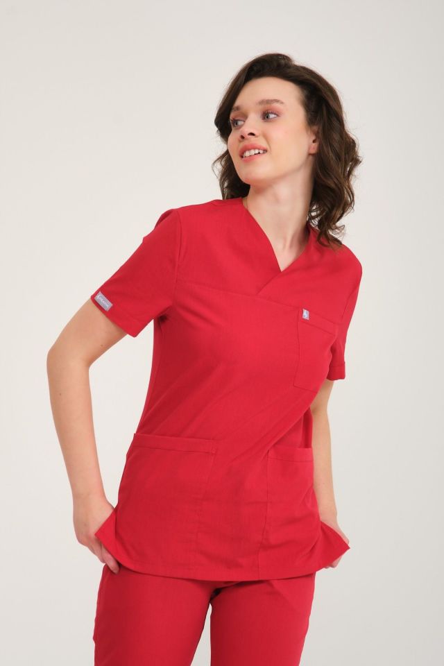 Kırmızı Likralı Zarf Yaka Scrubs Doktor Hemşire Forması Tek Üst S