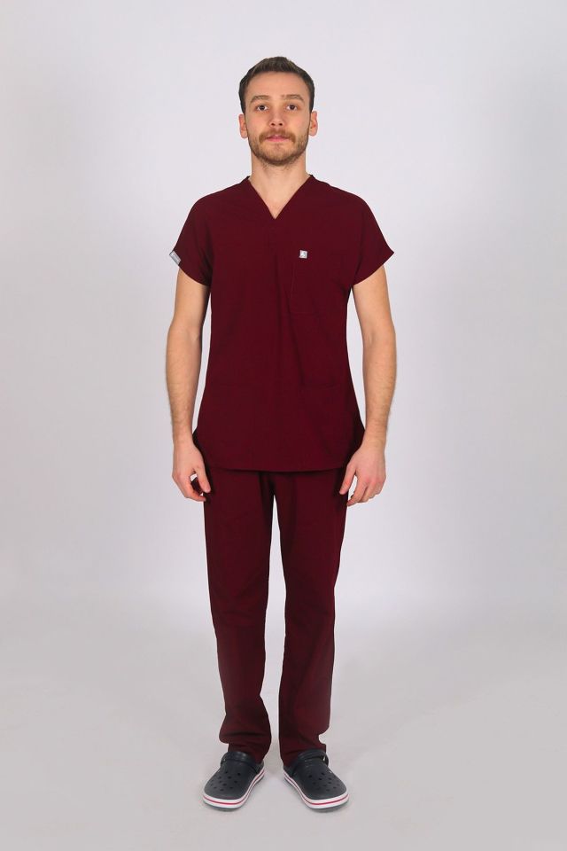 Bordo Likralı Scrubs Doktor Hemşire Forması Yarasa Kol Takım XS