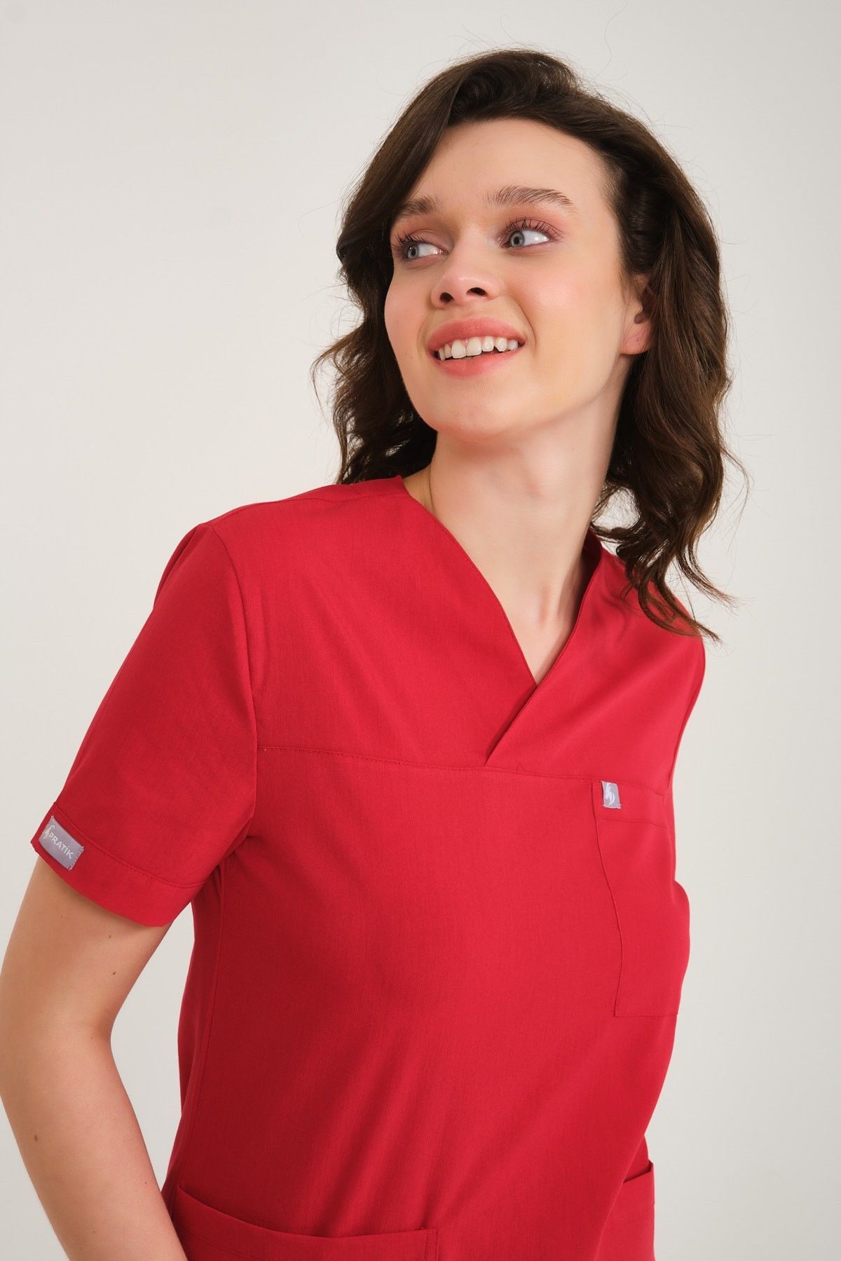 Kırmızı Likralı Zarf Yaka Scrubs Doktor Hemşire Forması Tek Üst XL