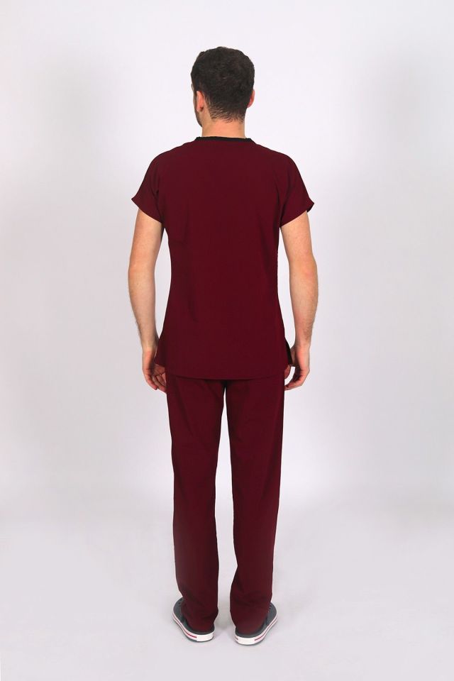 Bordo Likralı Scrubs Doktor Hemşire Forması Yarasa Kol Takım M