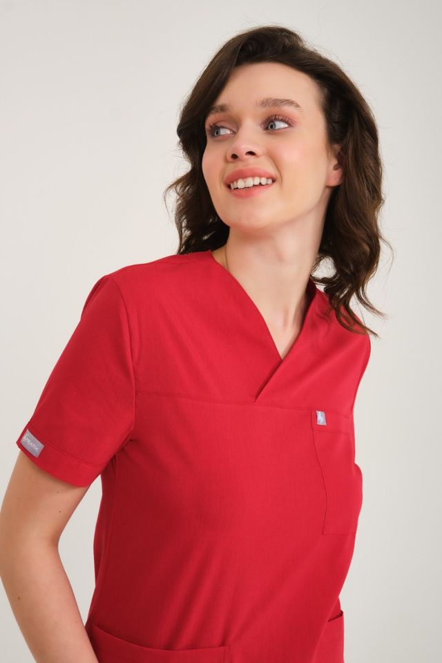 Kırmızı Likralı Zarf Yaka Scrubs Doktor Hemşire Forması Tek Üst 2XL