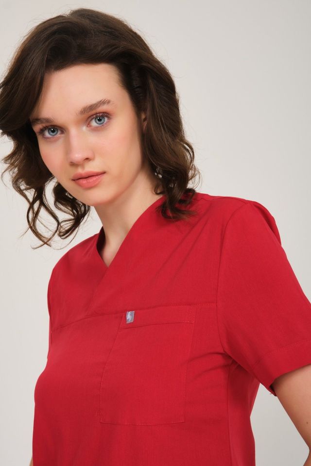 Kırmızı Likralı Zarf Yaka Scrubs Doktor Hemşire Forması Tek Üst 2XL