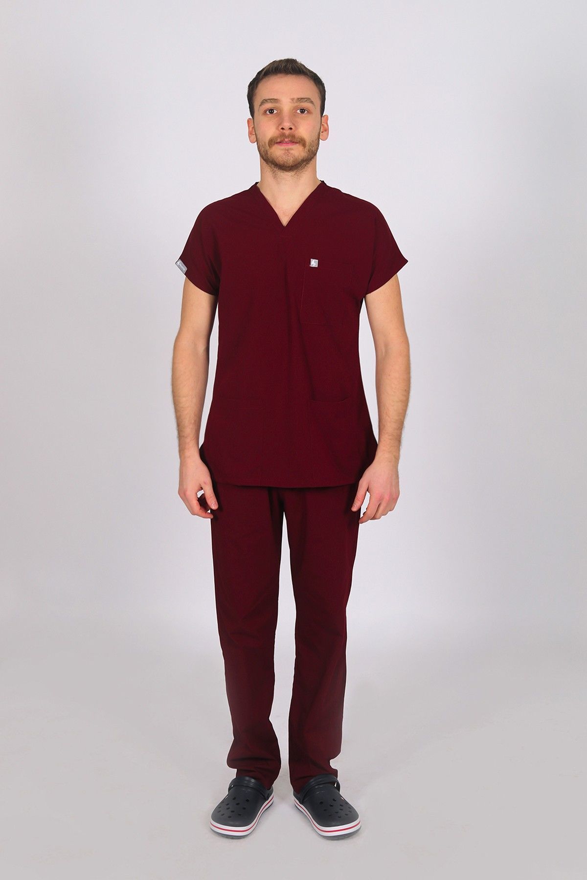 Bordo Likralı Scrubs Doktor Hemşire Forması Yarasa Kol Takım XL